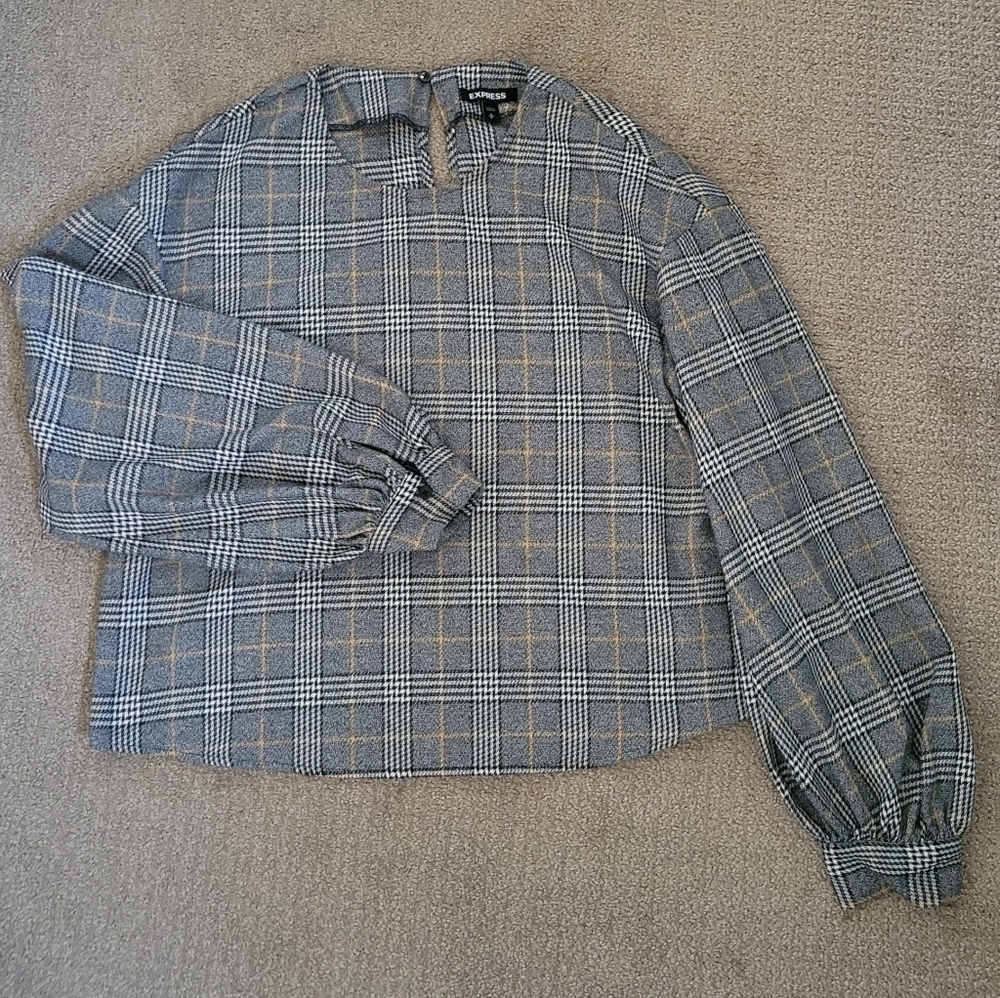 Express Plaid Keyhole Blouse with Back Keyhole & Puff Sleeve